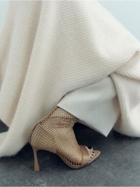 ZARA Nude Rhinestone Sheer Mesh Open Toe Boot